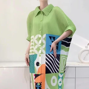 Free Size Miyake Casual Dress Pleated with Fashionable Print Design Plus Size Loose Silhouette Plain Dyed Techniques