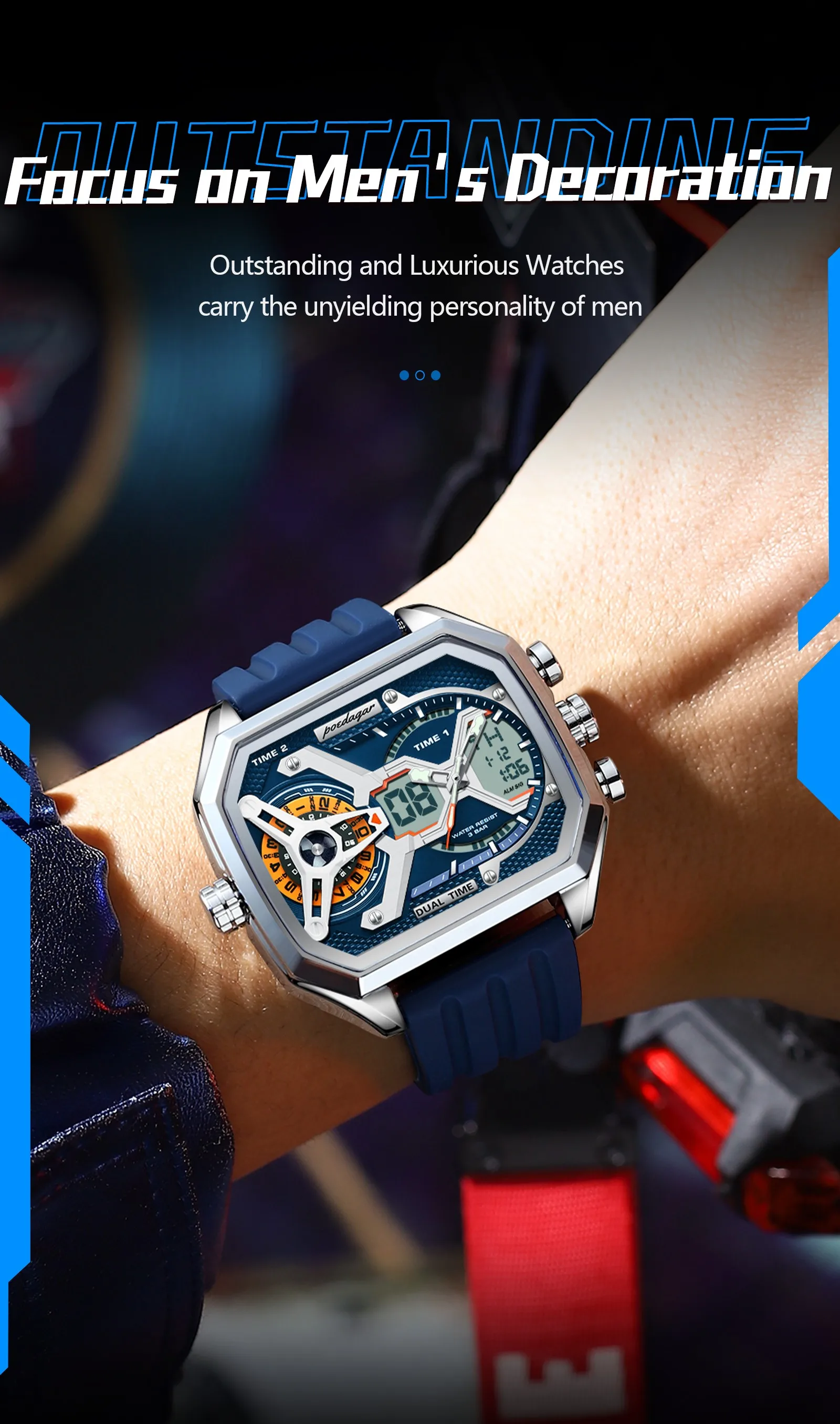 POEDAGAR E106发光时尚商务石英品牌双显示数字防水运动硅胶表带男士手表