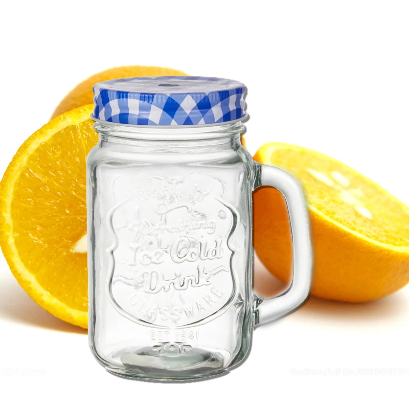 Customized 16 oz Wide Mouth Round Glass Mason Jars With Handles
