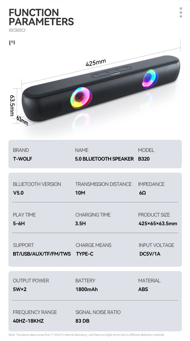 T-WOLF BT320 Wireless Speaker - RGB Lights & Bluetooth 5.0