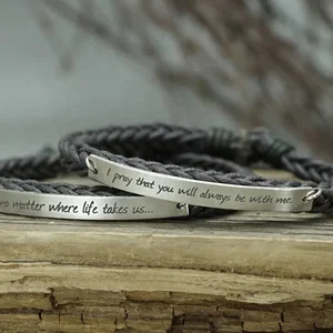 Manufacture Design Jewelry High Quality 925 Sterling Silver Personalized Engraving Wrap Leather Couple Bracelet