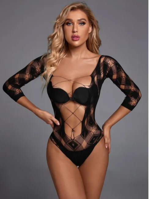 cut-out fishnet teddy bodysuit without lingerie