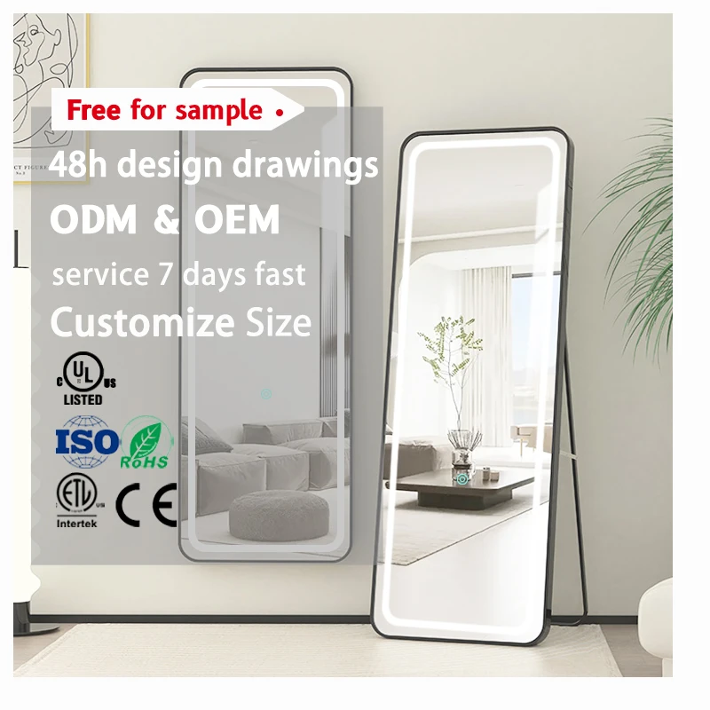 Miroir long intelligent sur pied ou mural, avec éclairage LED, destiné à la décoration intérieure et aux salons