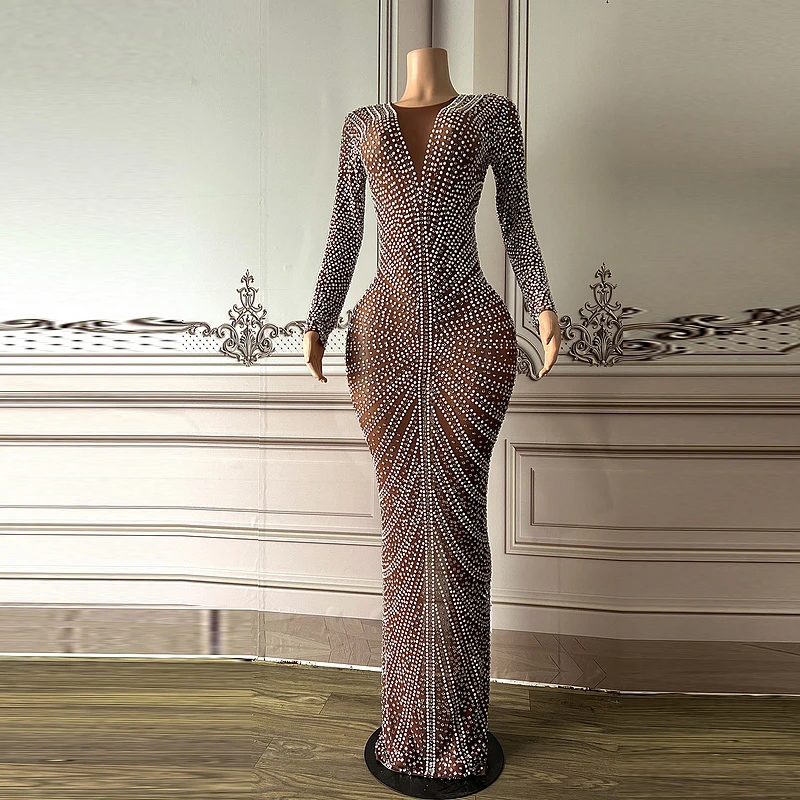 Customized Shiny Diamond Long Sleeve Women Clothing Luxury Dresses Evening  Party Dress