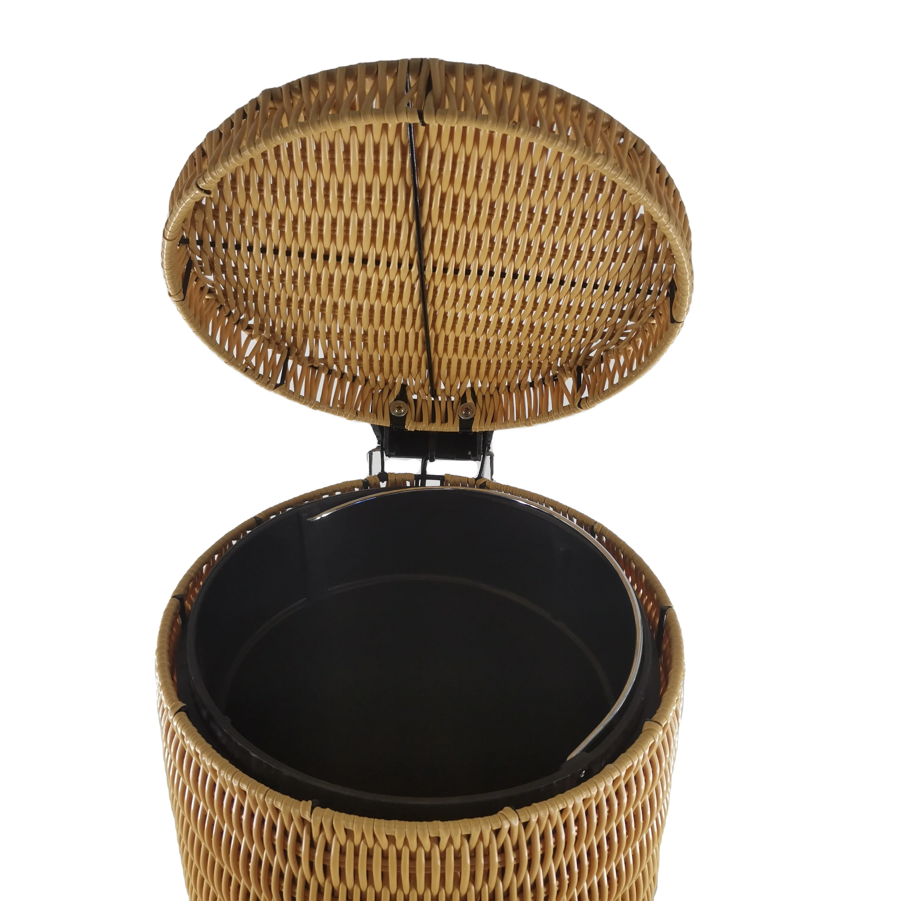 Factory Customized Large Capacity  Hand Woven Plastic Rattan Waste Bin  Rattan Rubbish Bin with Foot Pedal