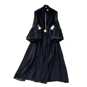 Customize French High-end Elegant Casual Solid Woven Breathable Maxi Dress 2025 Spring Fashion Lantern Sleeve Chiffon