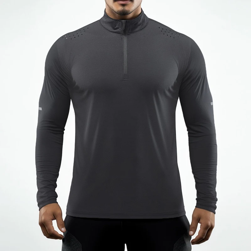 Long Sleeve Gym T Shirt Men Breathable Mesh Running Training Shirt 1/4