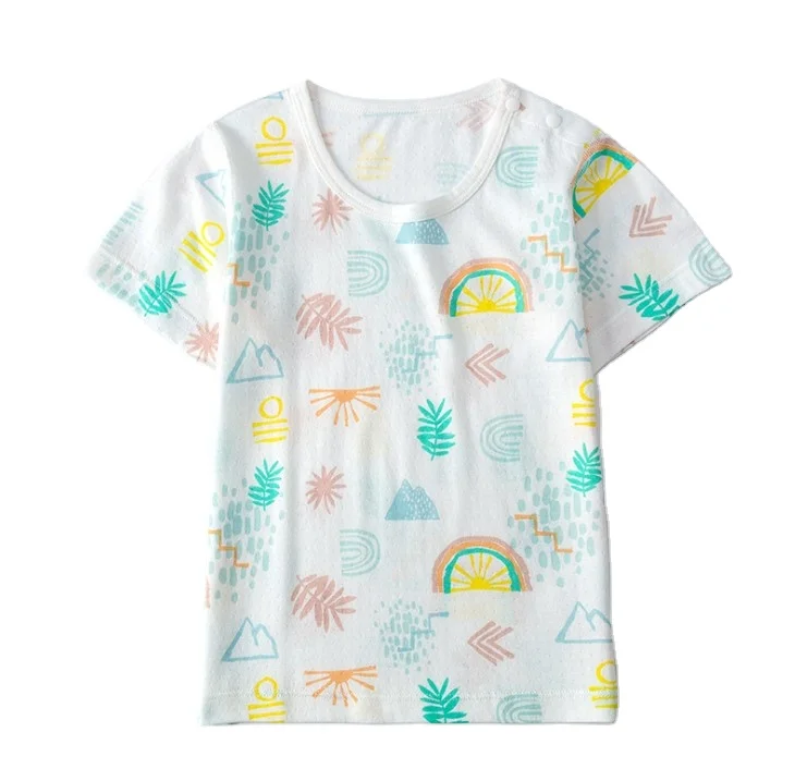 Супермягкая футболка с коротким рукавом для малышей из 100% бамбукового волокна с круглым вырезом и принтом на пуговицах