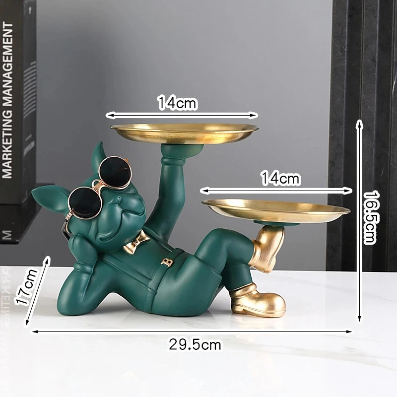 Resin Bulldog Statue with Two Storage Trays Dog Butler Home Decor Sculpture Key Dish for Entryway Table