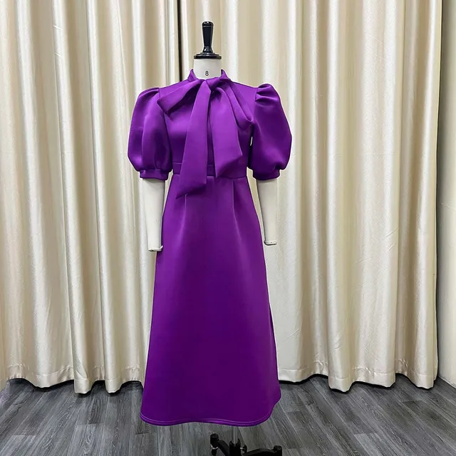 2022 Latest Women Lady Elegant Solid Color Bow Short Sleeve Party Dress Evening Dress - Image 3