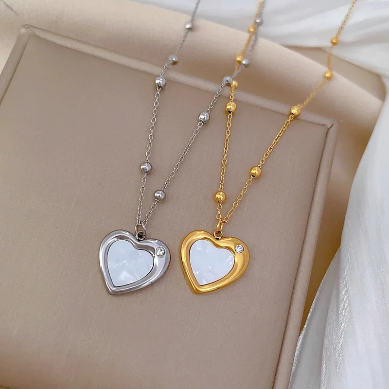 2026 High-Quality Heart-shaped Pendant Shell Diamond Stainless Steel Non-Fading Ladies Heart-shaped Pendant Necklace