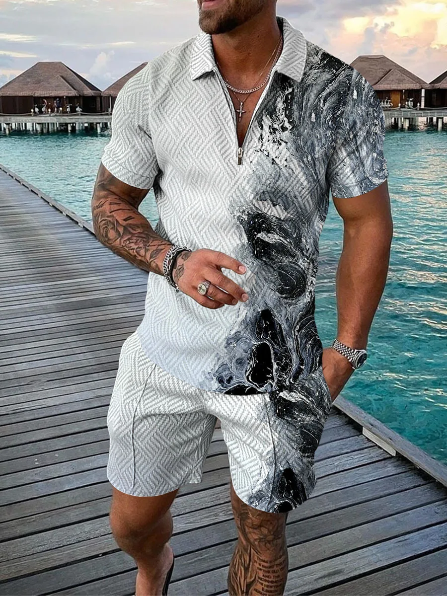 Man's Sport Printed Suit Short Pant Elastic Waist Band Two Pieces of Set gallery 3