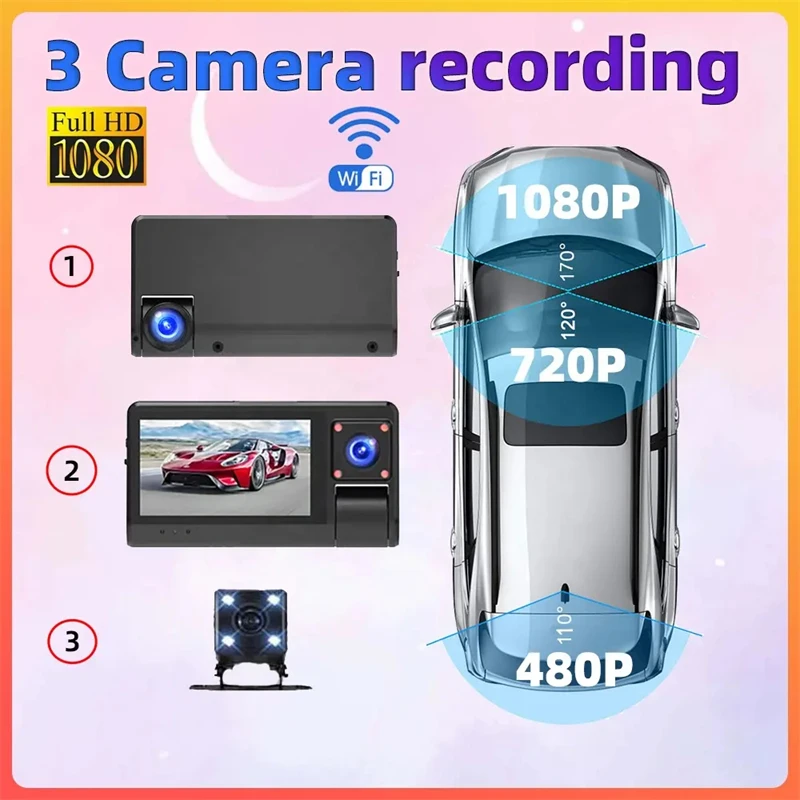 OEM Touch Screen 3 Lens FHD Car DVR Camera Touch LCD WiFi Remote Dashcam 1080P Triple Night Vision Car Dash Cam Front Rear