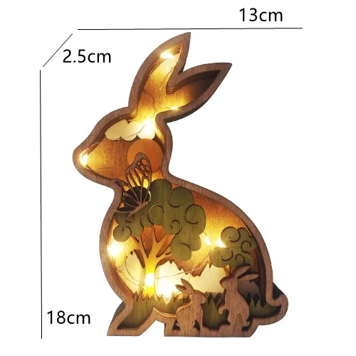 Spring Garden  LED Easter Rabbit 3D Wood Carving Ornaments Easter Home Decoration Wooden Crafts Hollow Wood Crafts Decoration