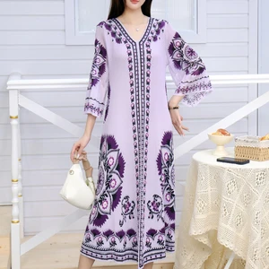 Women's Spring and Autumn V-Neck Loose Casual Dress National Style Print Plus Size Long Pleated Dress