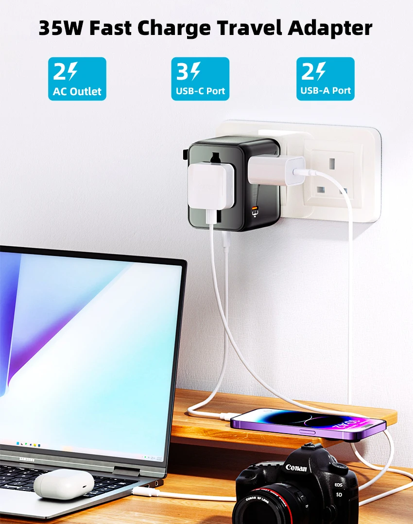 2AC 2500W PD 35W Cargador Fast Charger Multi Plug Socket Universal Travel Power Adapter with 2A3C Gan Travel Adaptor