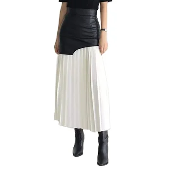 Spring 2022 New Arrivals Women Dress False Two Pieces High Waist PU Leather Spliced Chiffon Mid-Length pleated Skirt
