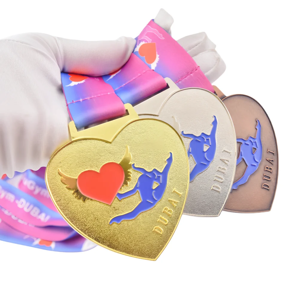 사용자 정의 하트 모양 두바이 그랜드 대회 리듬 체조 메달 메탈 스포츠 골드 실버 브론즈 댄스 메달 사용자 정의 로고