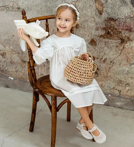 Customized Factory Girls  Kids Solid White  Dress Kids Wholesale Bow British Girl Child Dress