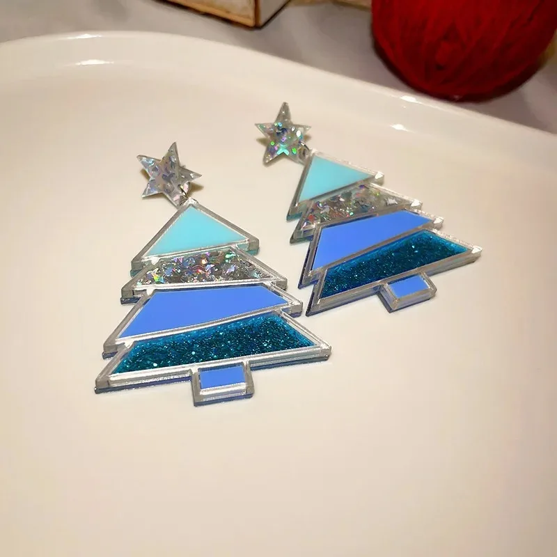 Geometric Acrylic Christmas Tree Drop Earrings Statement Women Gradient Pink Purple Blue Sequin Dangle Earring Wedding Jewelry
