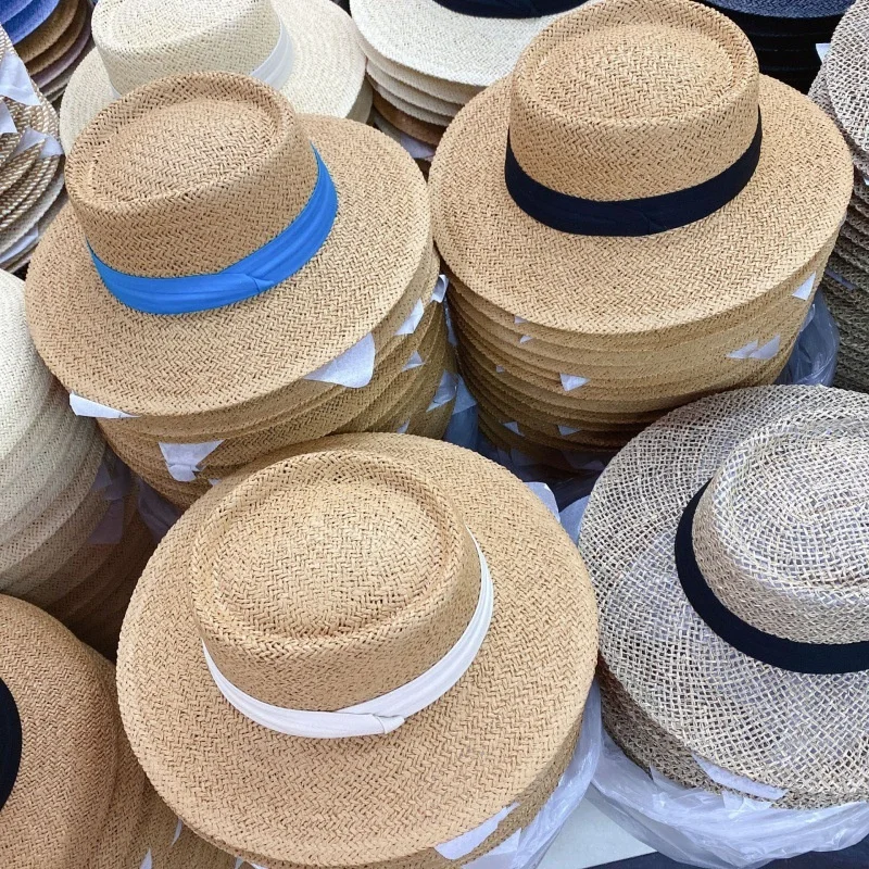 CUSTOM LOGO Plain Portugal Designer Vintage Flat Boater Summer Paper Straw Beach Sun Cap Hat for Crafting Women