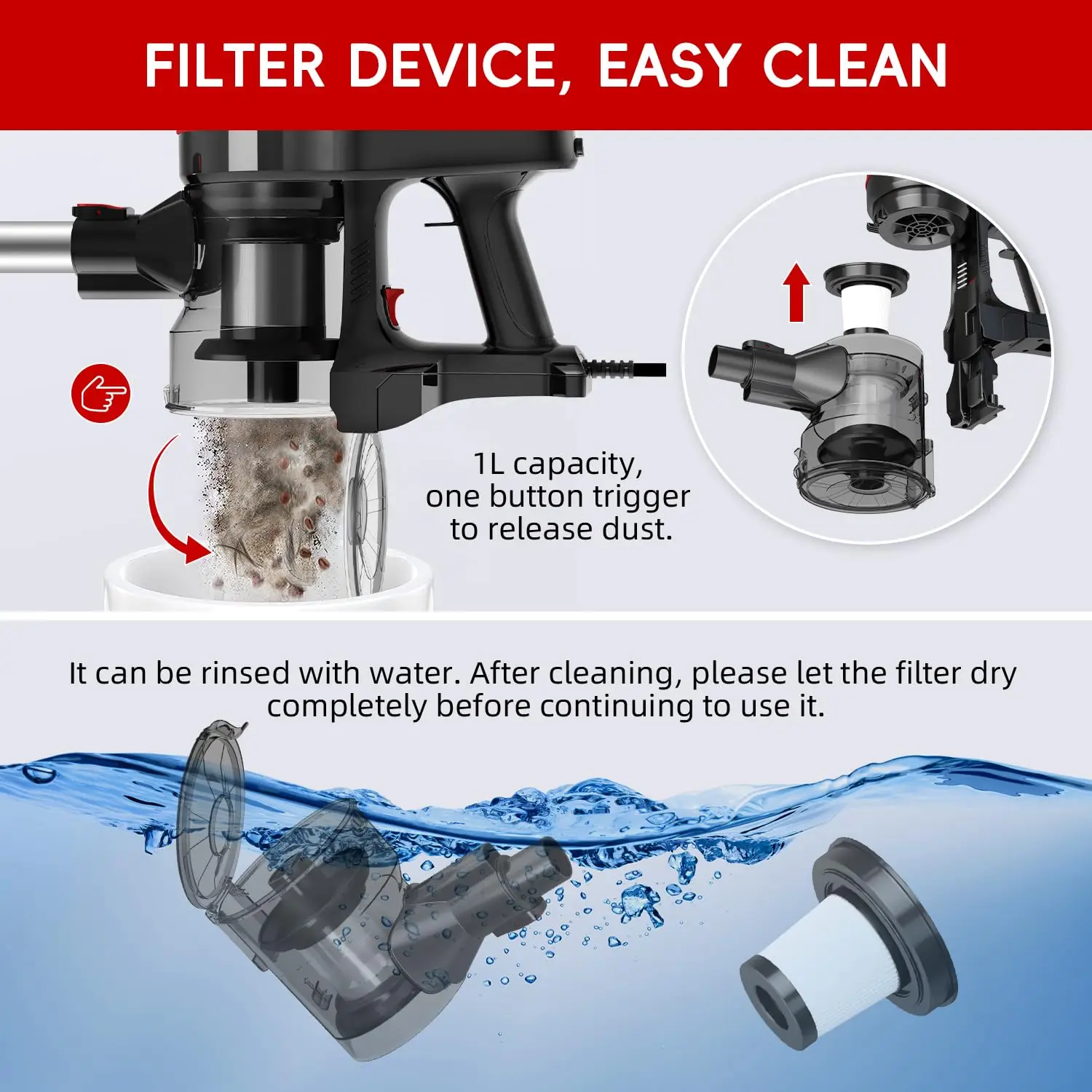 Lightweight Vacuum Cleaner, 2-in-1 Hand and Stick Vac, Efficient Cleaning