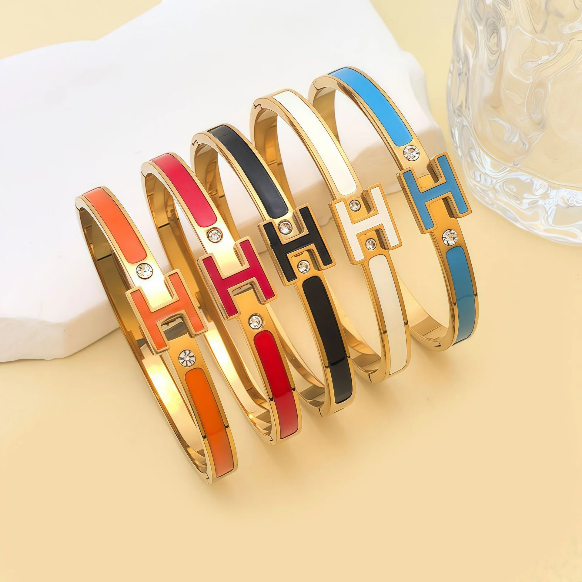 Enamel Color Letter H Women's Stainless Steel Crystal/Rhinestone Real Gold Plating Light Luxury European American Trend Snap