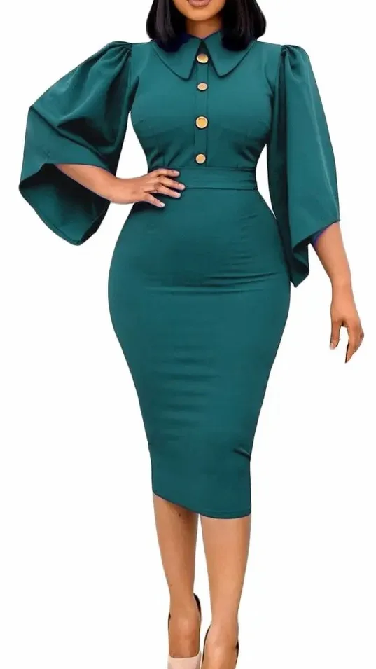 Ladies Plus Size Knee Length Formal Dress Flared Sleeves Peter Pan Collar Solid Color Women Office Dresses Ladies Plus Size Knee Length Formal Dress Flared Sleeves Peter Pan Collar Solid Color Women Office Dresses