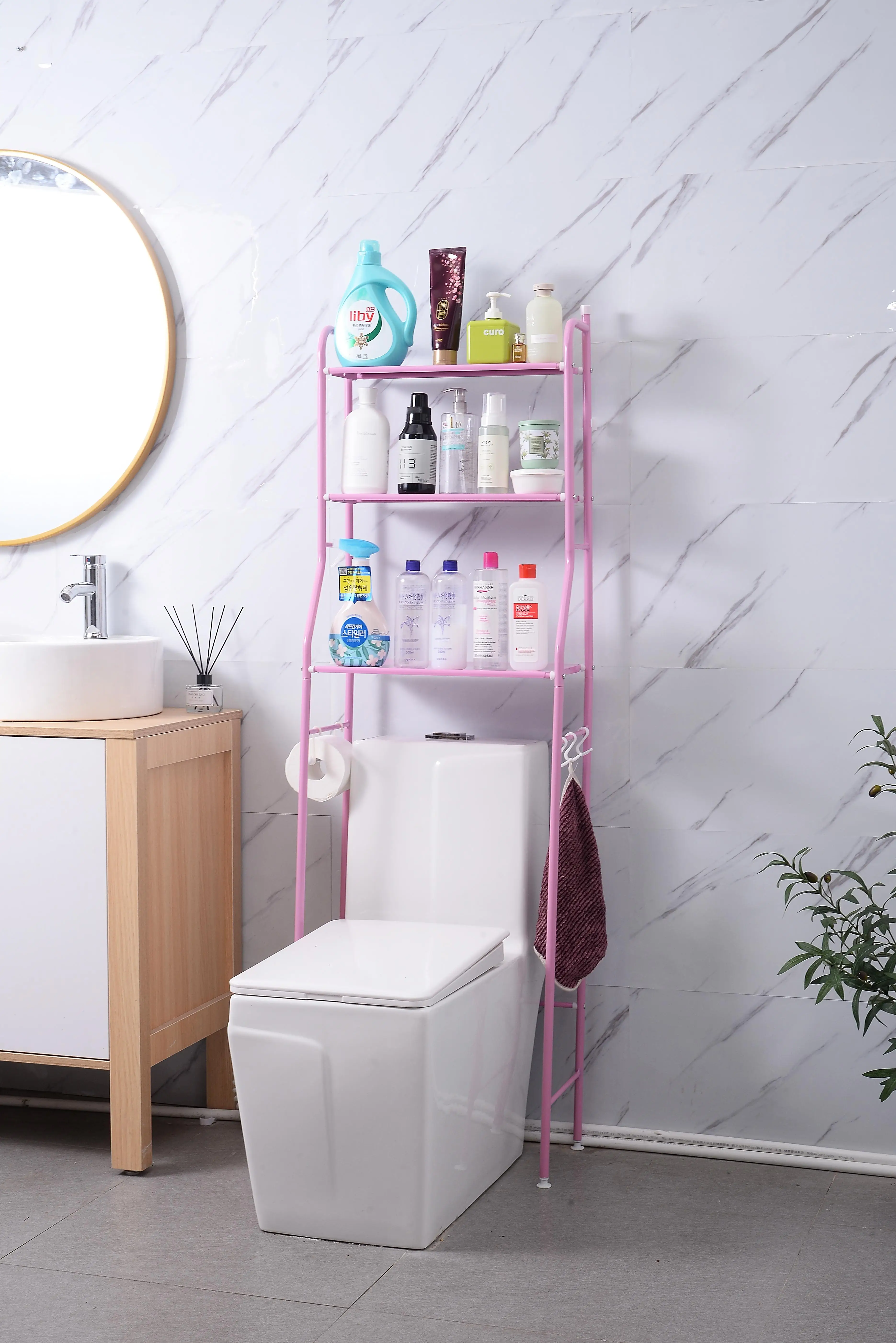 Metal 3-Shelf Toilet Storage Rack Bathroom Freestanding Storage Over Toilet  pink