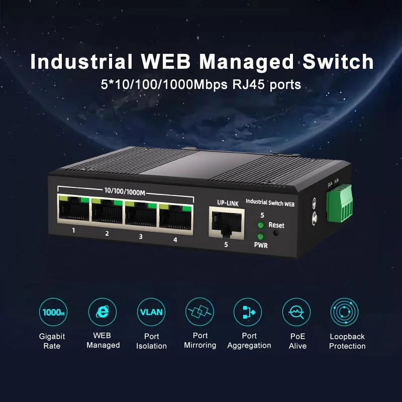 Industrial WEB Management Switch 5 10/100/1000Mbps RJ45 Ports DIN-Rail L2 Managed POE Switch manufacture