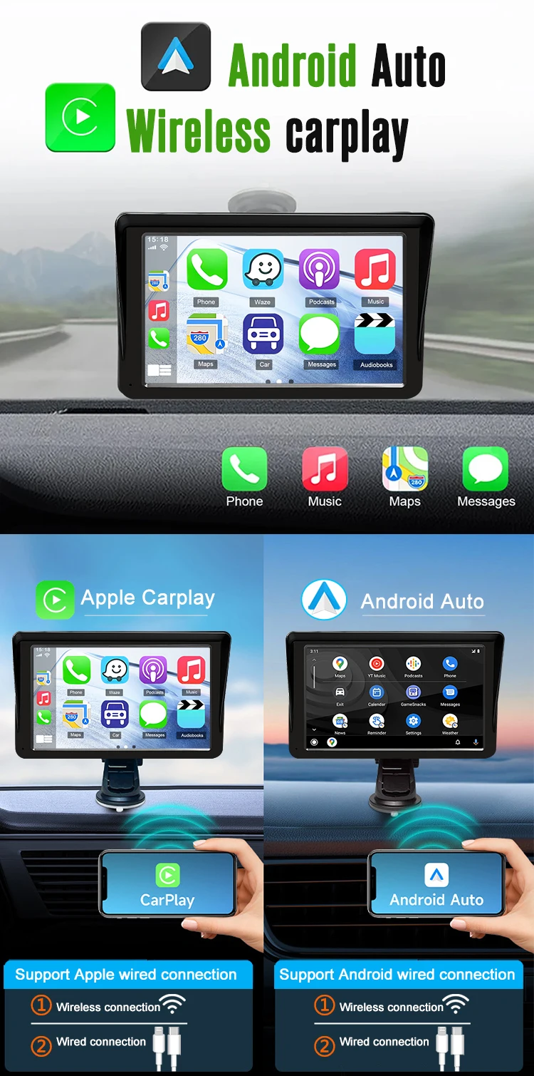 7inch Portable Carplay Navigation Display Touch Screen Wireless Carplay Android Auto Monitor