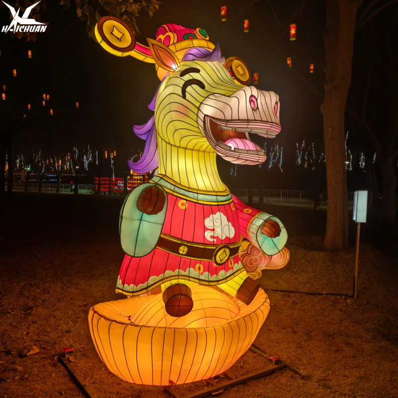 Waterproof Silk Horse Lanterns Cartoon Zodiac Animal with Animated Glow-in-the-Dark Design for Chinese New Year Holiday Decor
