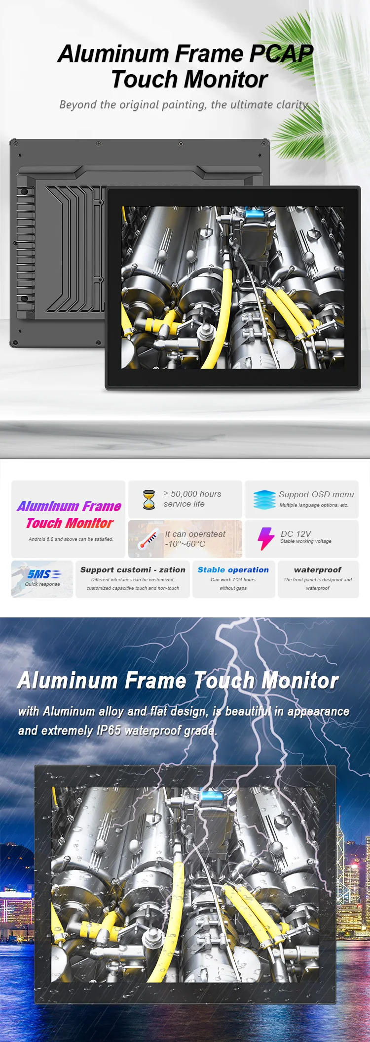 Bolinia 15" High-Brightness Industrial LCD Monitor, Aluminum Touchscreen Frame, Multi-Port, Rugged for Factory/Plant