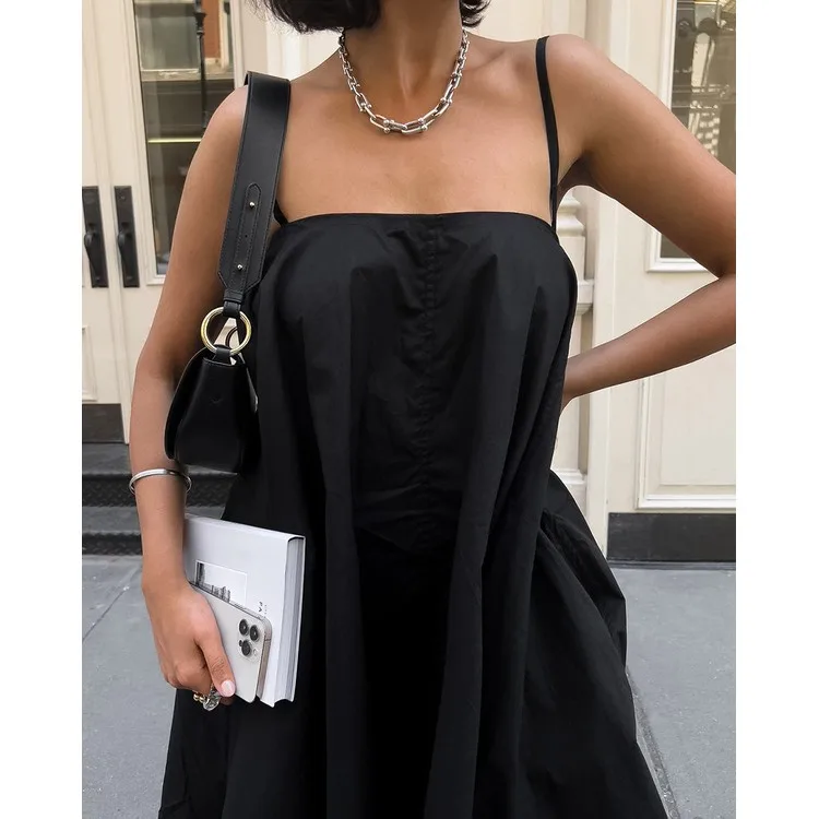 sexy black casual dress Women's Spaghetti Strap A-line Mini 2026 Summer Loose Flared Hem Stylish Design Short Dress Fabrication:COTTON 40_4th SHEIN Teen Girls Spring& Shirt Dress Design Makes