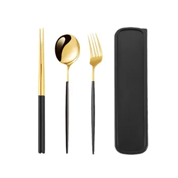 Portable Stainless Steel Portuguese Tableware Set Three-Piece Dinnerware-Forks Spoons Chopsticks