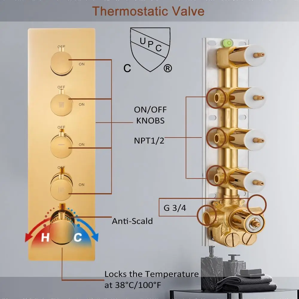 Thermostatic Shower Jets System LED Bluetooth Music Waterfall Rainfall Luxury Brushed Gold Shower Head System