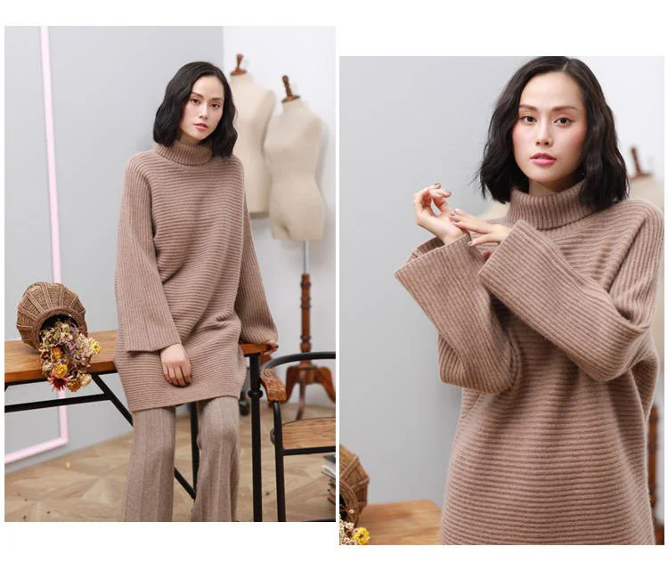 FA Custom Office Women Sweater Dress Vintage Ladies  Cashmere Wool Knit Jumper Long Sweater Women knitted Pullover Dress