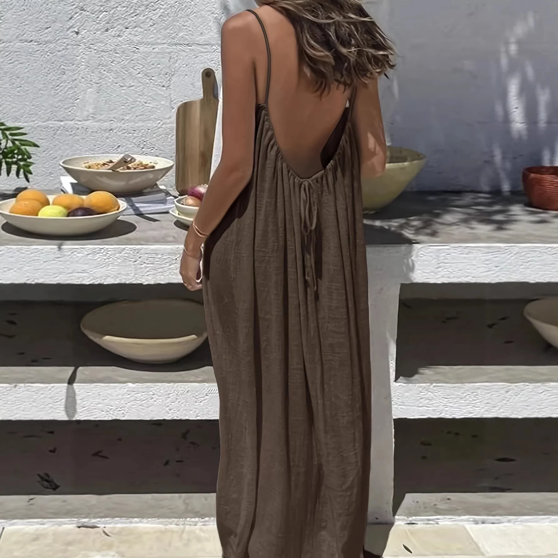 2026 Cross-border New Womens Strap Loose Casual Summer Long Backless O-Neck Dress High-End Elegant Polyester Spandex Knitted