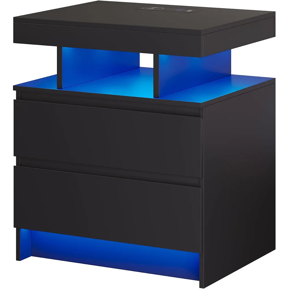 Modern Wood Nightstand Charging Station with LED Light 2 Drawers USB Ports Wireless Charger for Bedroom (Black)