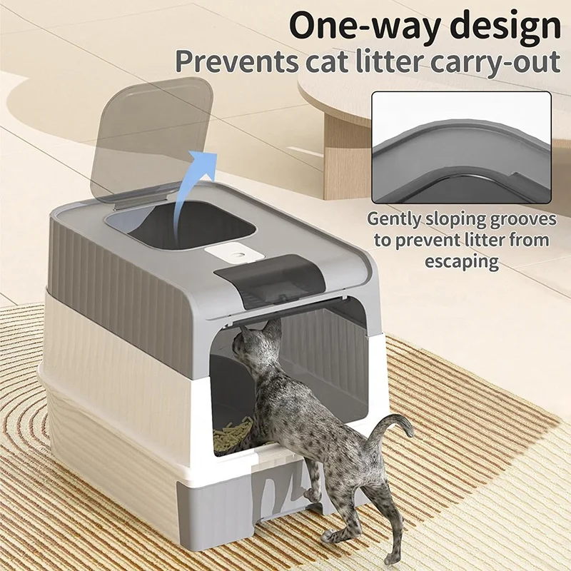 Fully Enclosed Cat Toilet Large Foldable Top Entry Cat Litter Box with Lid
