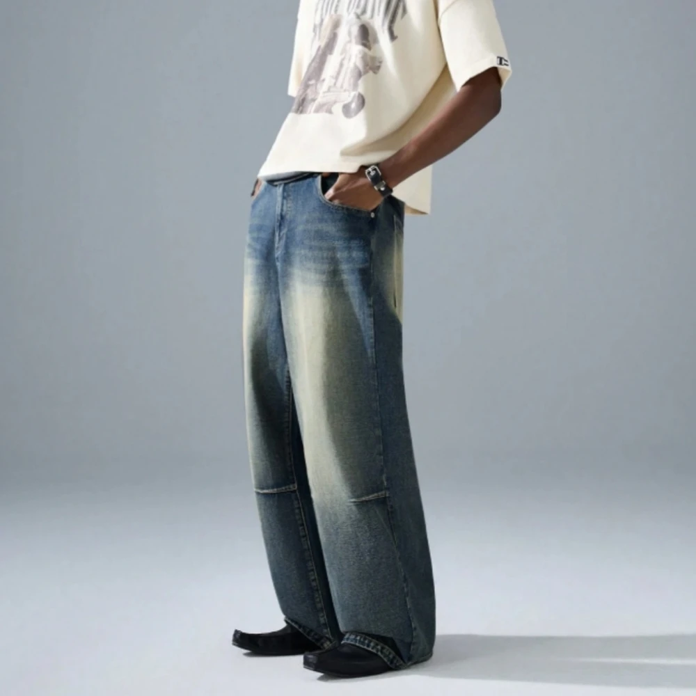 Spring New Arrival Vintage Distressed Loose Straight Fit Blue Jeans High Street Men's Fashion Denim Long Jean Jeggings Trousers