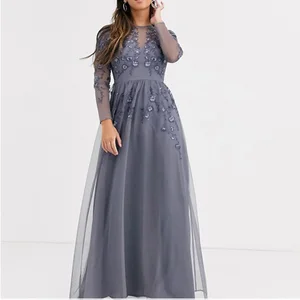 Women's Petite Long Sleeve Maxi Dress Elegant A-Line Embroidered Mesh With O-Neck Plus Size Evening Dress