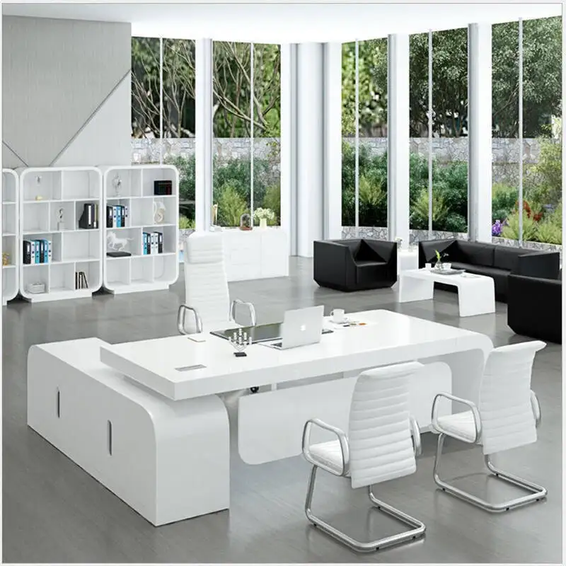 Latest Design Executive Desk High End Office Furniture White Stoving Varnish Wood Office Table Office Desk
