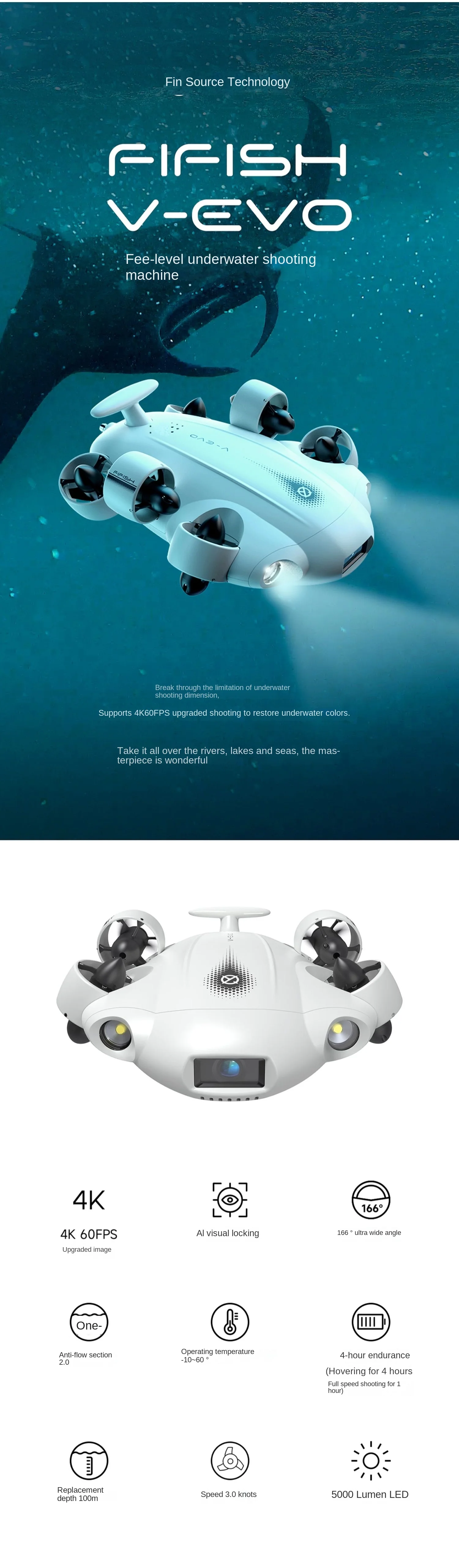 Fifish Vevo 4k60fps Underwater Drone Kit With Robotic Arm Rov Under