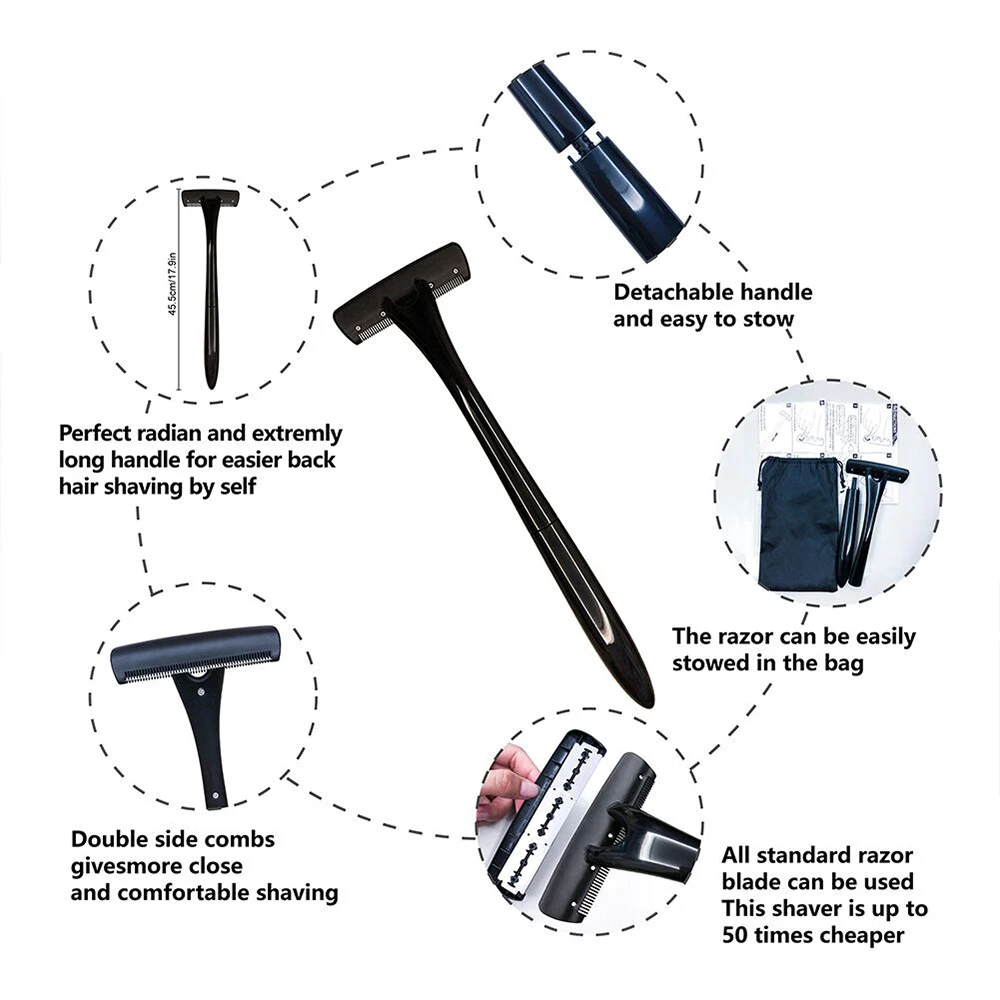 Manual Body Hair Removal Razor for Men Long Handle Back Shaver with Stainless Steel Blade Foldable Design
