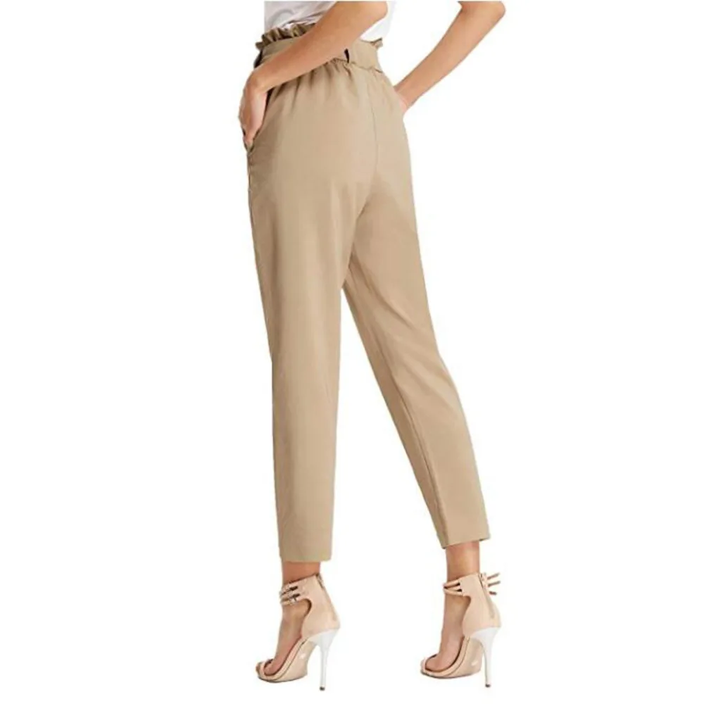 women's pants trouser slim casual cropped paper bag waist pants with pockets