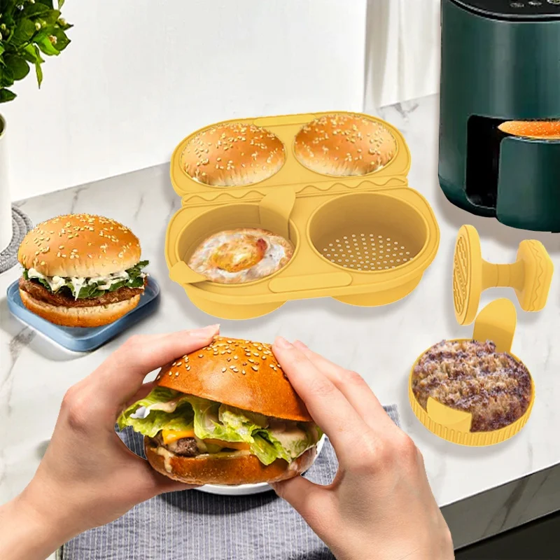 Eco-friendly Non Stick Silicone Burger Bun Mold Silicone Baking Bread Mold 4 Cavity Silicone Hamburger Mold