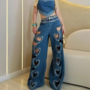 High Waisted Wide Leg Denim Jeans with Heart Shaped Cut Out Design Heart - Shaped Cut Out Loose Denim Wide - Leg Trousers