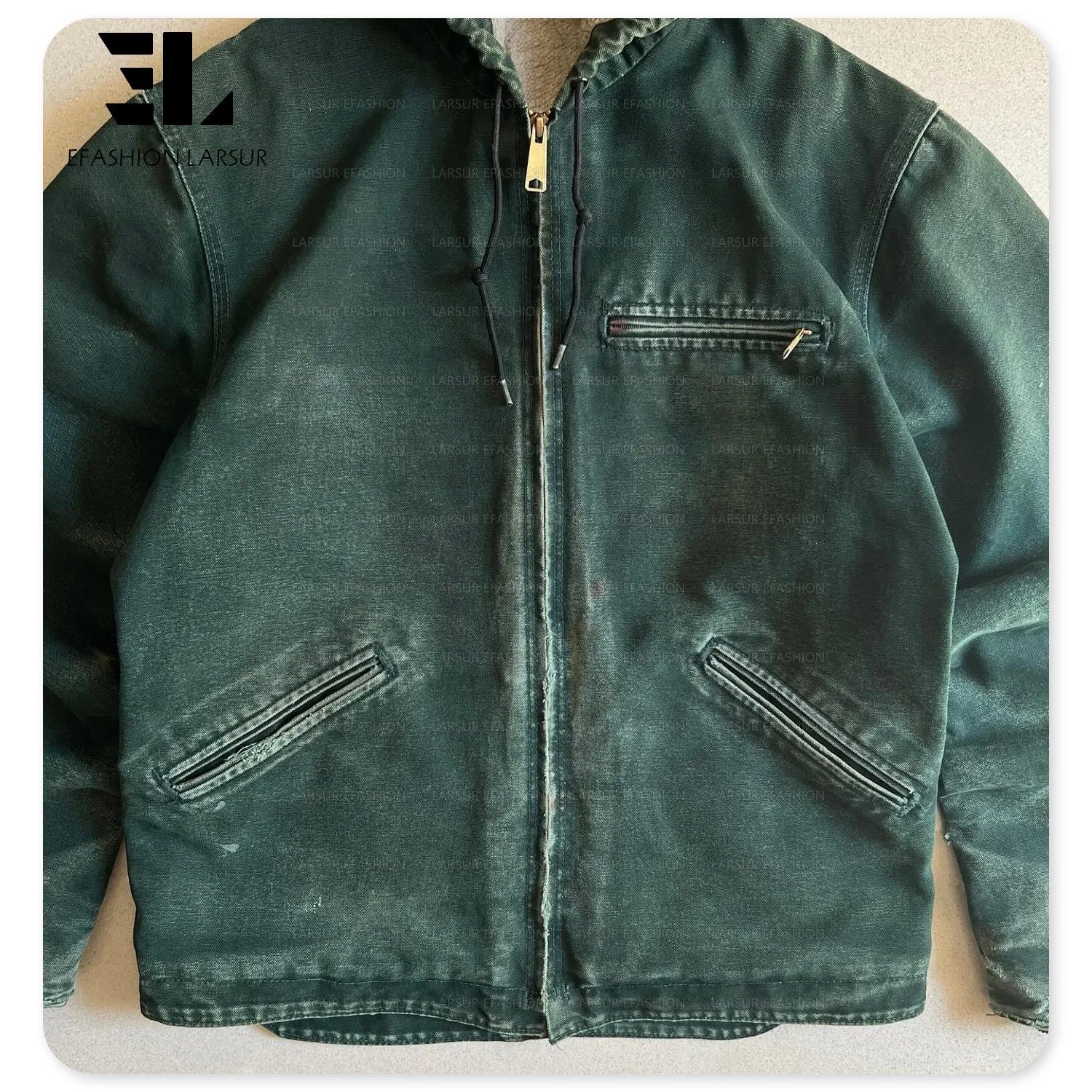 LARSUR Custom Distress Heavy Duck Canvas Boxy Work Jacket With Hood Zip Sherpa Lined Worker Workwear Bomber Jacket Canvas Hoodie
