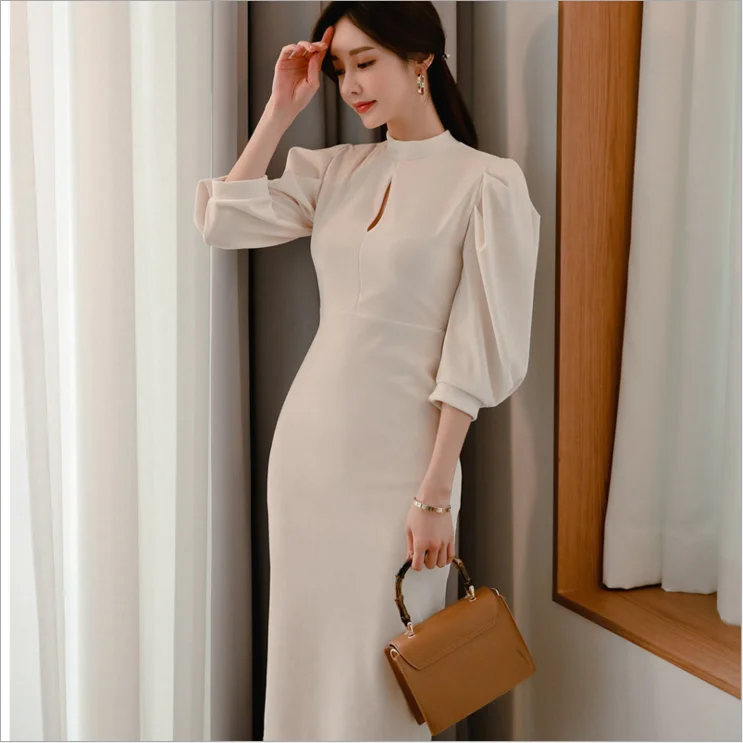 2021 Spring Korean New OL Slim Dress Elegant Stand Collar Solid Color Mid-length Skirt Fashion Retro Bubble Sleeve Velvet Dress